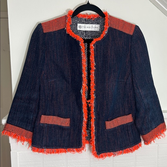 Trina Turk Jackets & Blazers - Trina Turk Mitra Pop Tweed Jacket Navy & Orange, silk cotton, fits like small